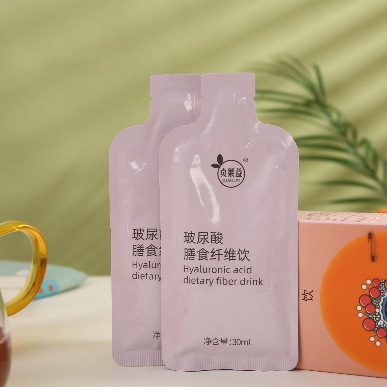 贞果益 hyaluronic acid dietary fiber drink pouches and product box