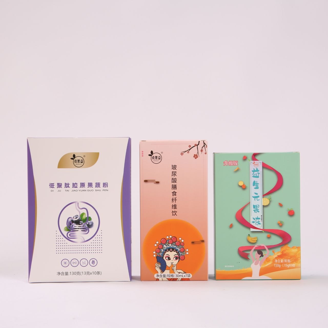 贞果益 product family including fruit and vegetable powder and hyaluronic acid drink packaging